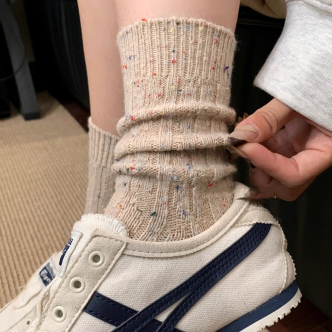 冬季加厚保暖点子纱羊毛袜东大门网红款韩版麻花螺纹中筒堆堆袜女