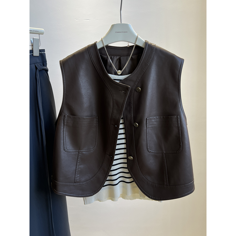 韩系穿搭复古短款PU皮马夹外套女秋装机车服无袖坎肩背心马甲皮衣