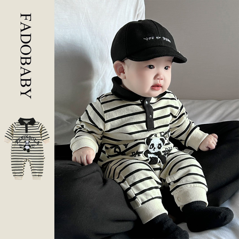 2025春秋新款婴儿翻领熊猫条纹长袖连体衣新生儿宝宝包屁爬服外出