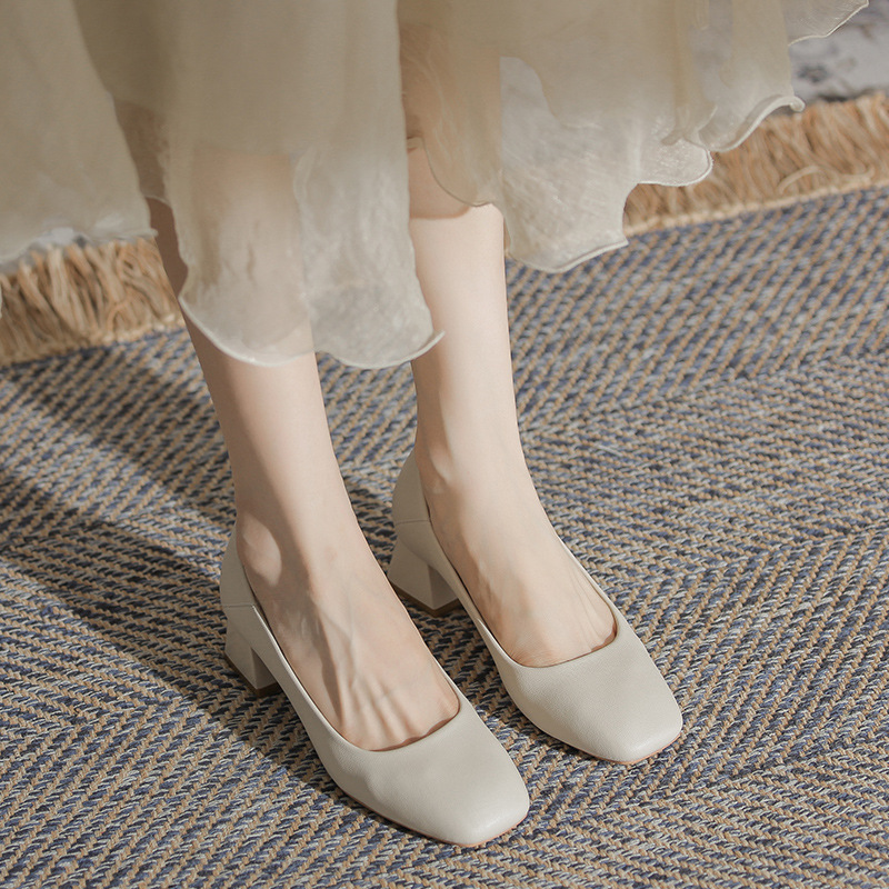 4厘粗跟单鞋女春秋方头温柔妈妈鞋气质高跟鞋软底黑色职业工作鞋