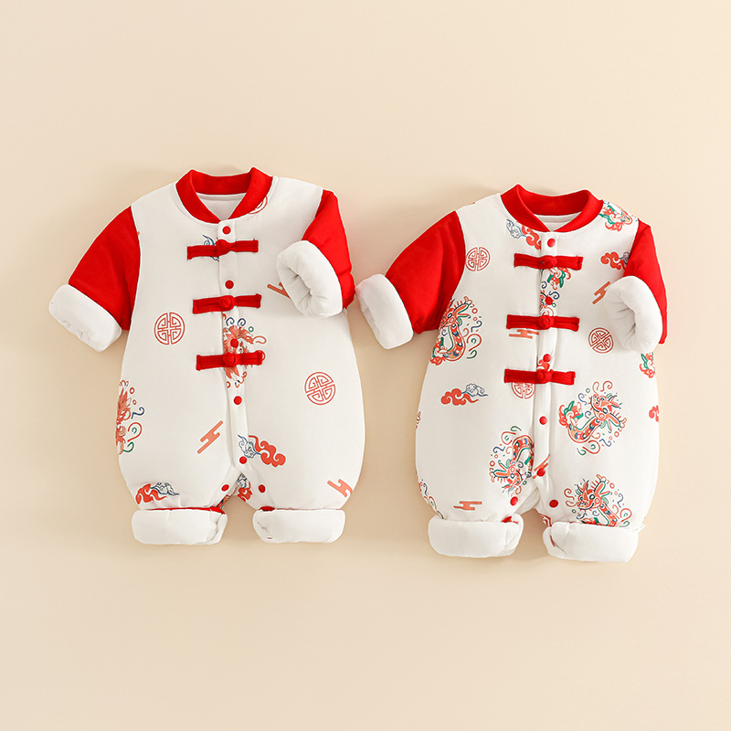 婴儿拜年服冬季棉服加厚周岁抓周中式盘扣加绒新年装宝宝过年衣服