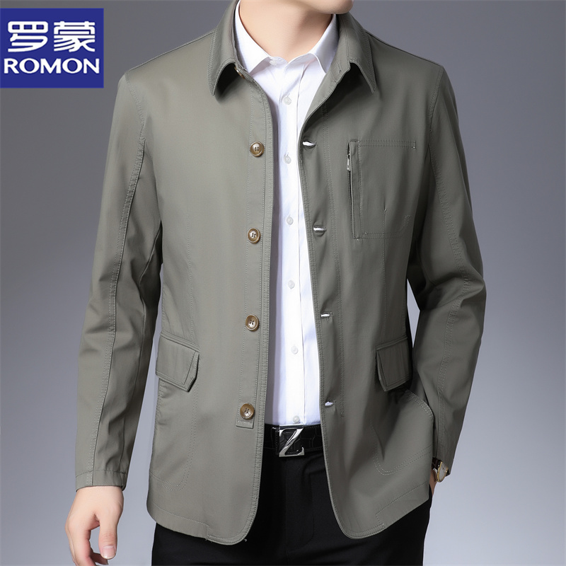 罗蒙全棉夹克男春秋季短款风衣商务休闲中年男士翻领上衣纯棉外套