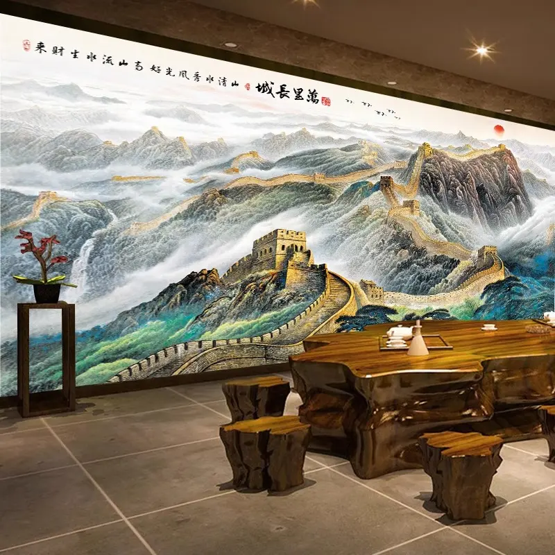 客厅办公室电视背景墙壁纸壁布中式万里长城餐厅墙布酒店包厢壁画