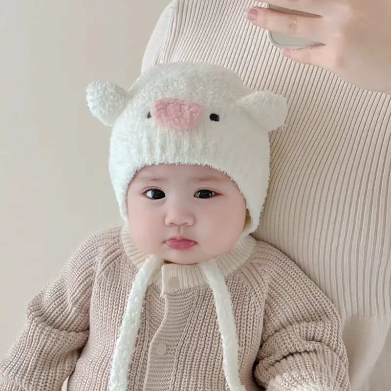 婴儿护耳帽宝宝帽子秋冬季保暖加厚包头帽可爱猪猪毛绒防风囟门帽