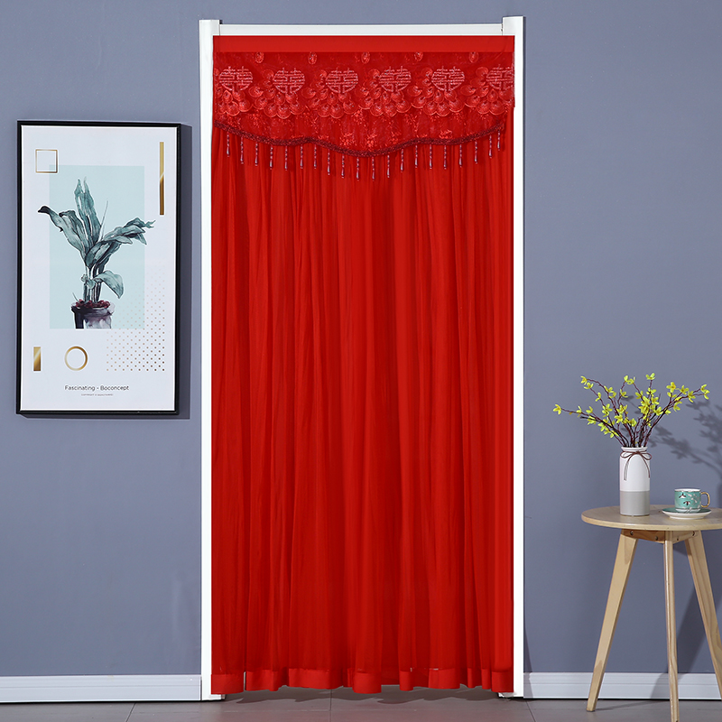 喜庆大红门帘双层防走光家用纱帘免打孔安装防蚊蝇四季通用门帘