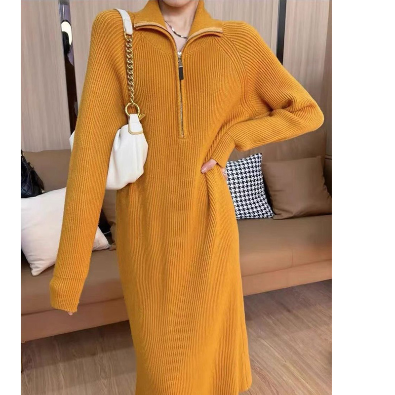 秋冬新款加厚拉链过膝毛衣裙女配大衣翻领宽松针织长款打底连衣裙