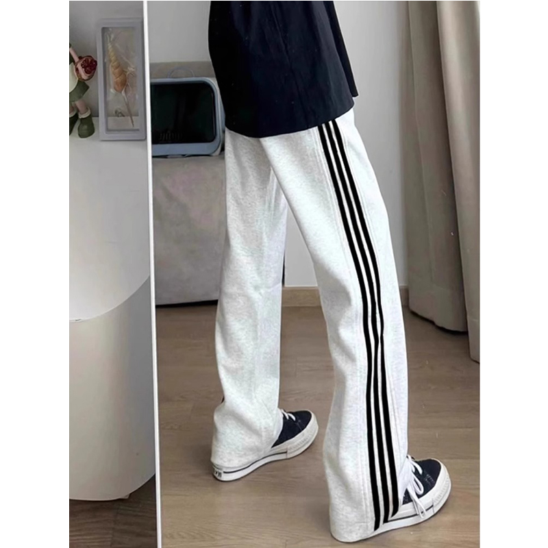 白灰色条纹弯刀卫裤男款秋冬美式三条杠裤子宽松直筒运动休闲长裤