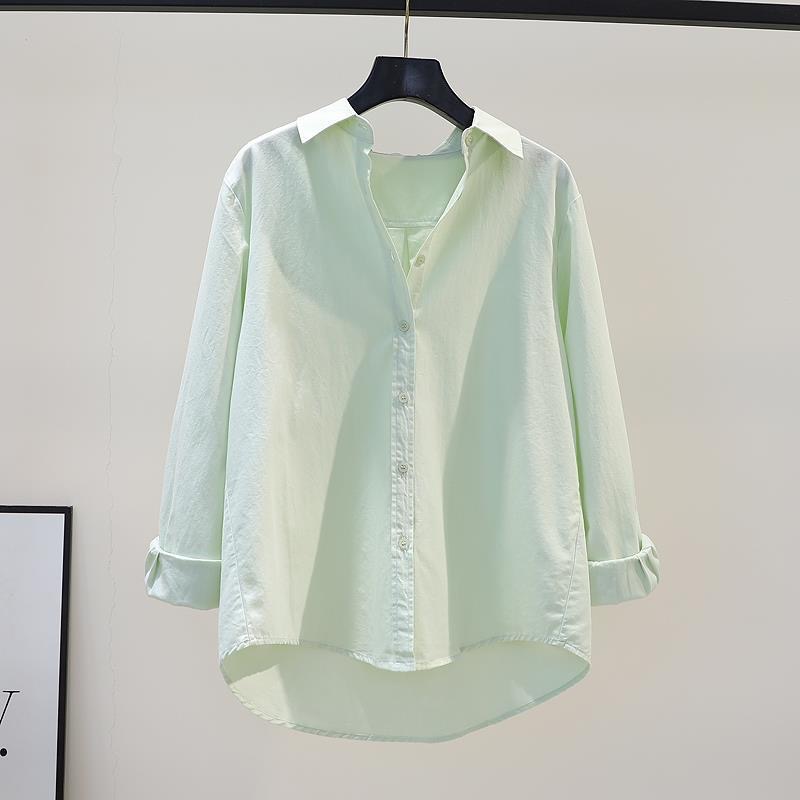 纯棉小清新浅绿色衬衫女宽松显廋衬衣2025春秋长袖防晒衫百搭上衣