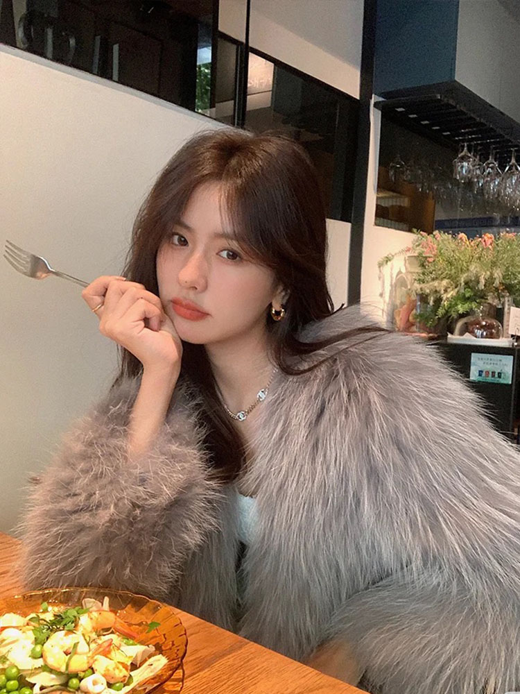 貉子毛双面编织外套前长后短狐狸毛显瘦新款冬季V领中长款毛大衣