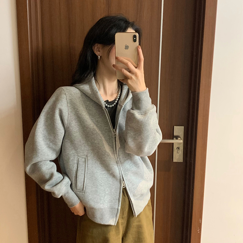 重磅400克秋冬小个子短款浅灰纯色拉链开衫卫衣基础百搭休闲上衣