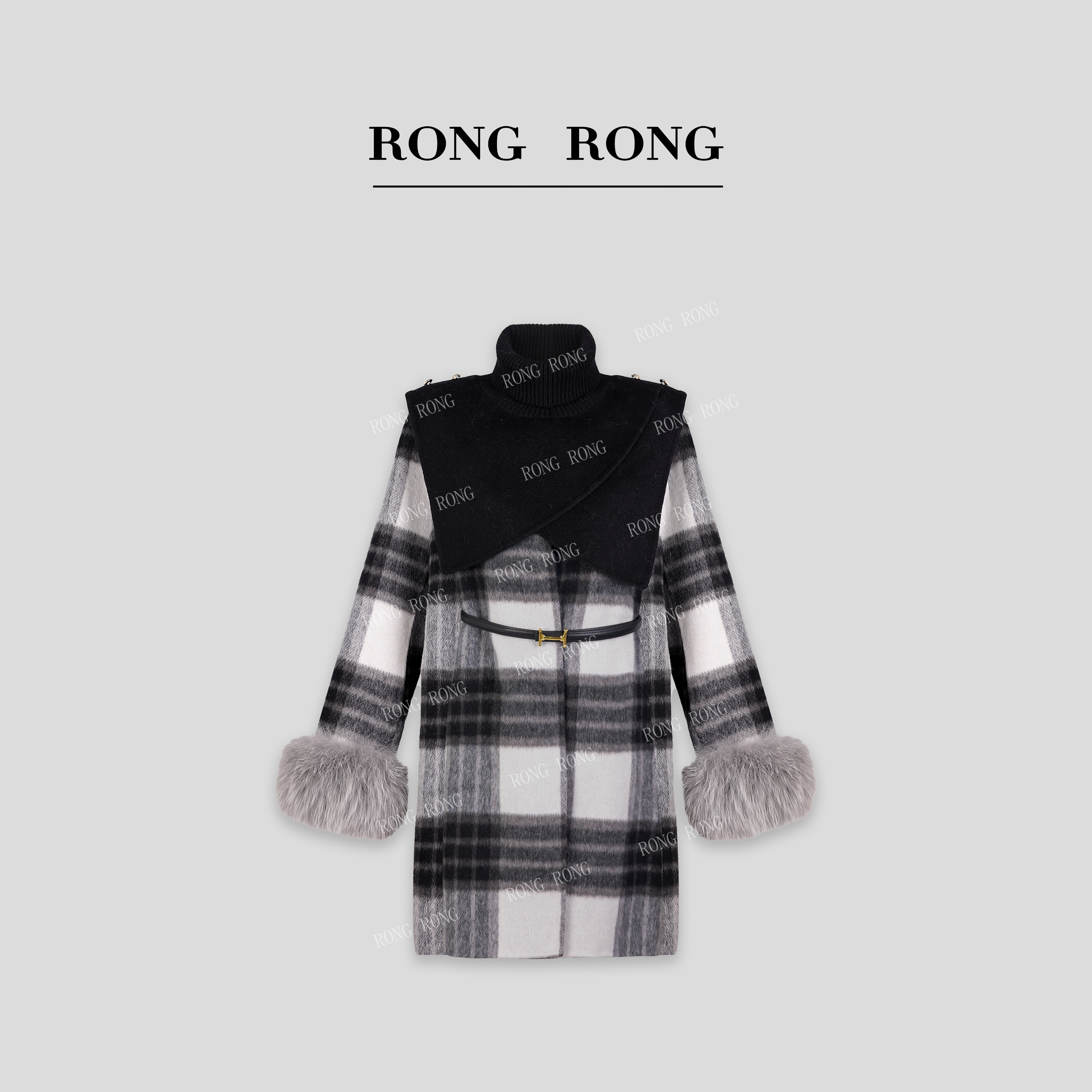 溶溶【英伦新风】RONG  羊驼毛绵羊毛拼接狐狸毛格子双面呢大衣L087