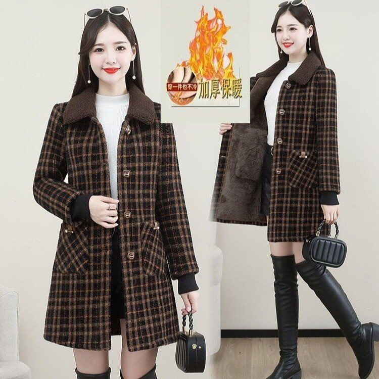 【高级】毛呢保暖外套2025冬季新款中长款洋气加绒加厚格子呢子大衣