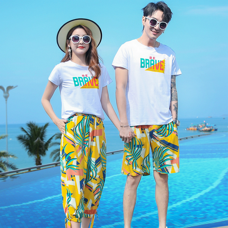 旅游情侣装夏装清凉海边沙滩蜜月套装短袖t恤衫三亚套装女九分裤
