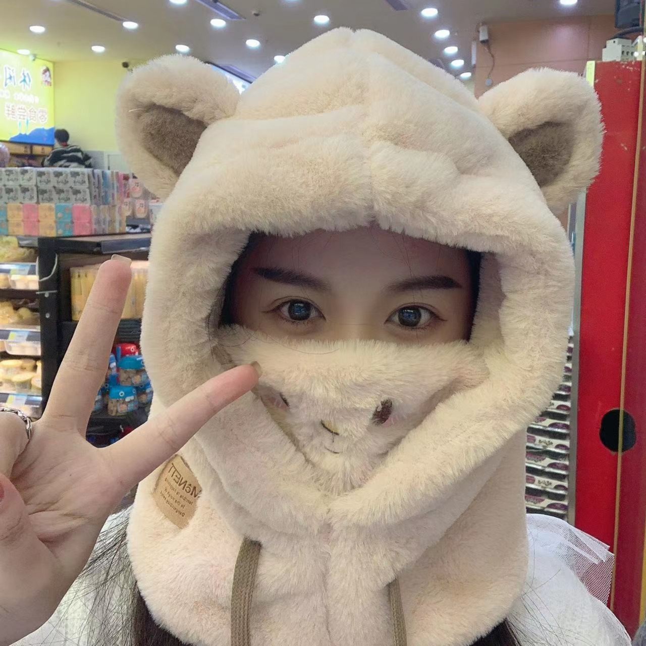 升级版可爱学生套装帽子加厚护脸一体加绒保暖暖和防寒帽冬天百搭