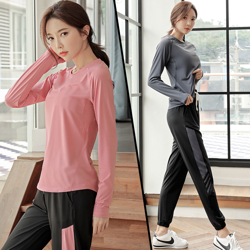 胖mm大码运动瑜伽衣服长袖速干跑步套装宽松晨跑健身房女200斤T恤