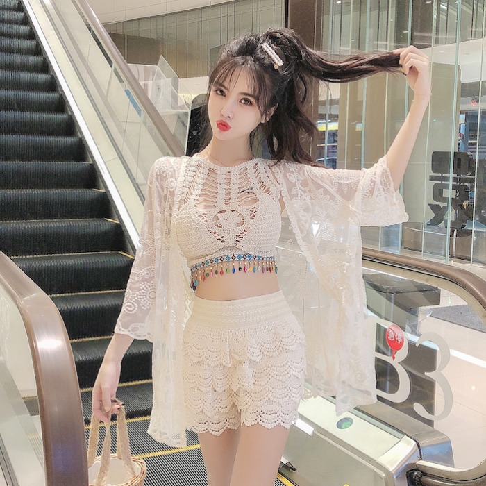 针织夏季女三件套保守显瘦游泳衣罩衫泳衣海滩浅绿色泳衣