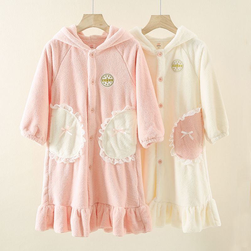 吸水速干女童浴袍秋冬加厚儿童珊瑚绒浴衣中大童宝宝长袖连帽睡袍