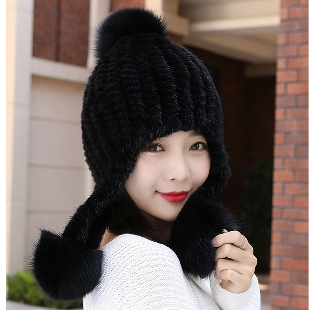 水貂帽子长护耳三球帽冬季编织女士狐狸毛球保暖护耳加厚冬天帽