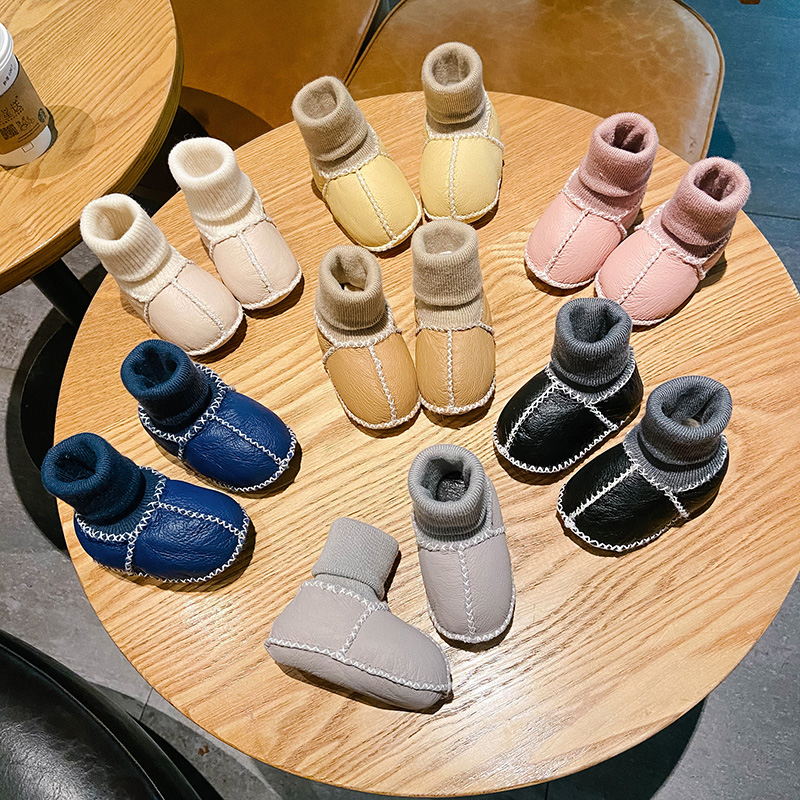 秋冬季新生儿皮毛一体婴儿鞋袜加绒软底学步鞋0一1岁男女宝宝棉鞋