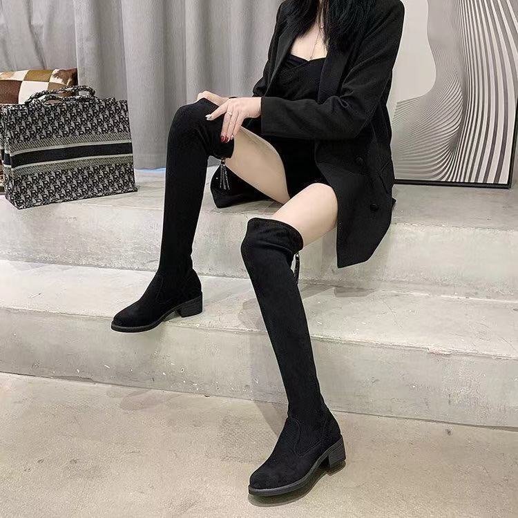 升级版冬季方跟羊京绒显瘦加绒过膝瘦瘦靴网红百搭长靴粗跟弹力靴