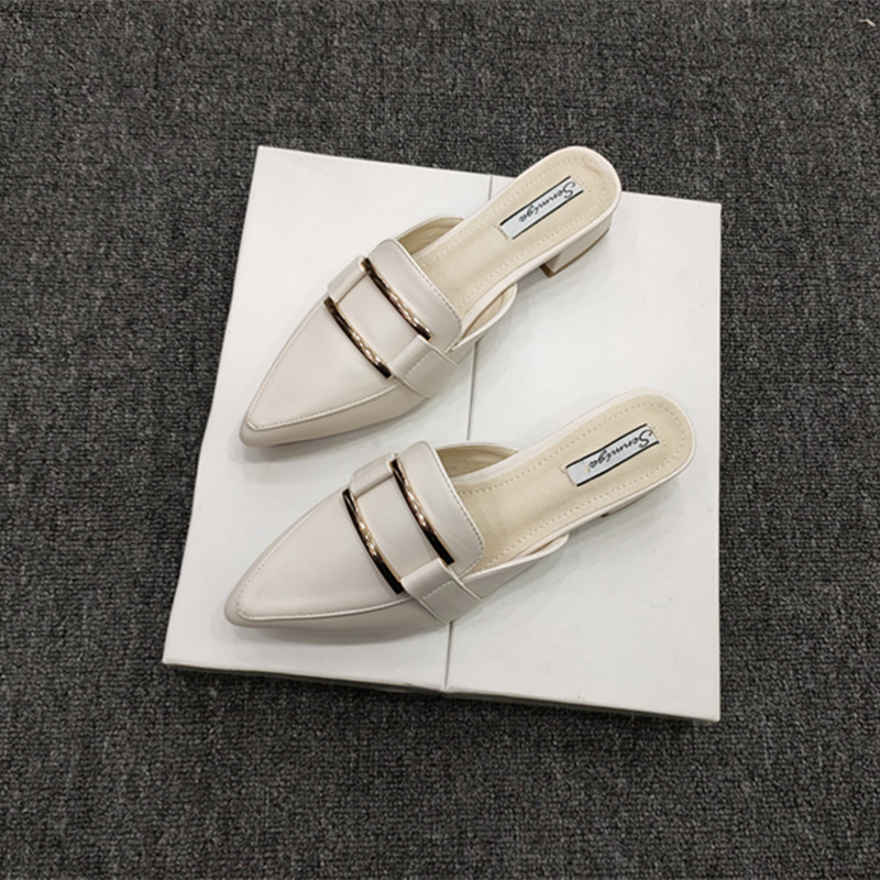 2025秋季新款软皮尖头粗跟半拖鞋低跟包头托穆勒鞋中跟外穿懒人鞋