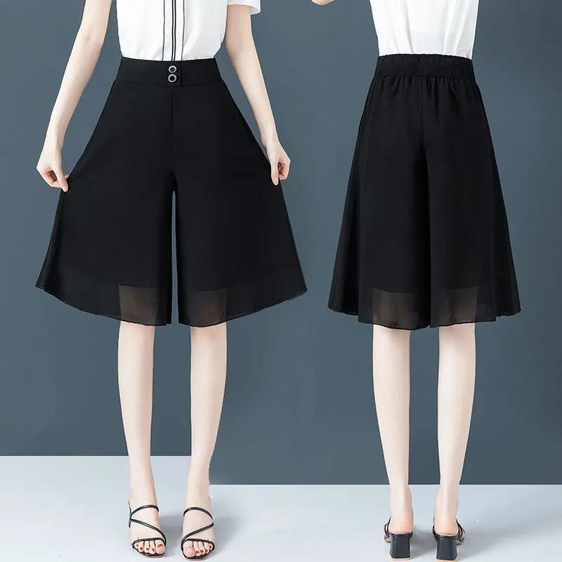 双层雪纺五分裤女夏季薄款高腰显瘦百搭新款黑色大码宽松阔腿