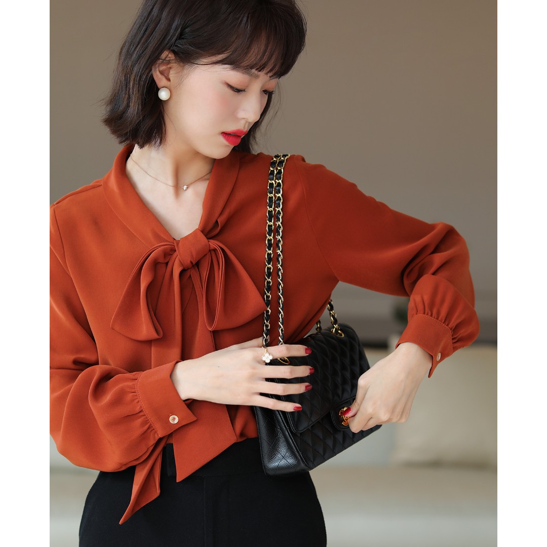 SS3053通勤“内搭”敲出众！优雅LADY！飘带V领 飘带长袖衬衫