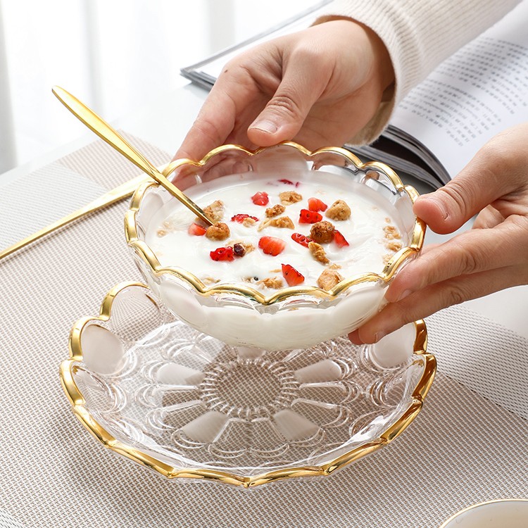 轻奢描金玻璃碗盘家用客厅水果盘创意零食糕点盘下午茶沙拉甜品碗