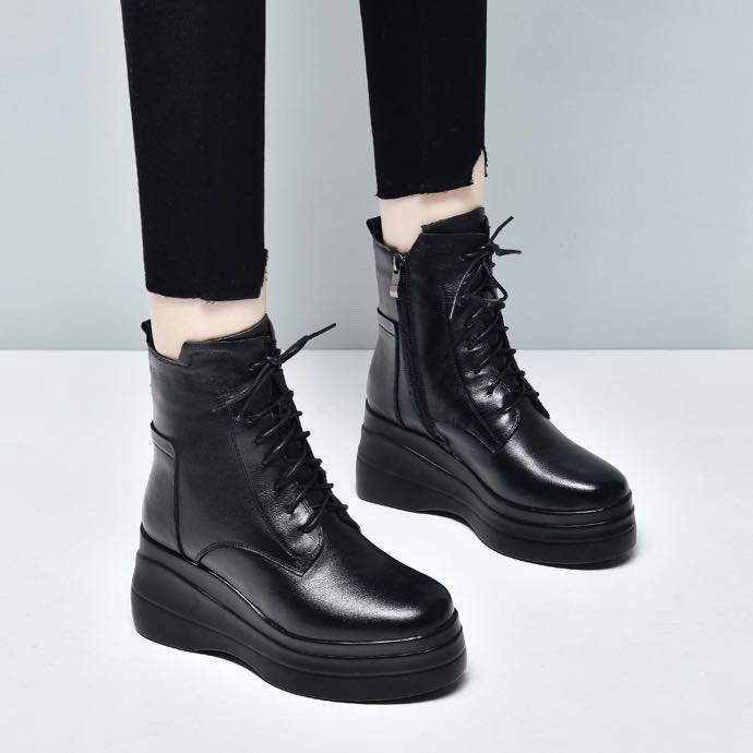 松糕厚底坡跟防滑冬季圆头加绒增高马丁靴百搭真皮厚底鞋8-10厘米