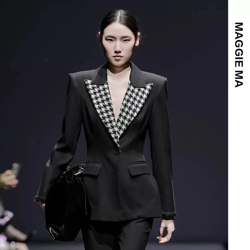 MAGGIE MA马婧设计师款复古格纹领拼接修身通勤西装431C