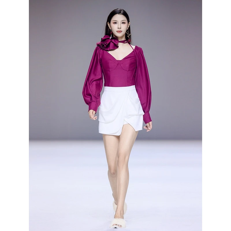 MAGGIEMA衬衫设计师款李子酱紫法式高质感法式V领浪漫衬衫马婧