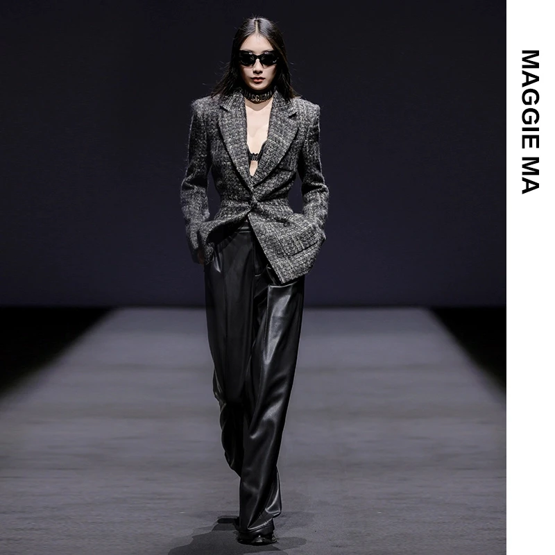 MAGGIEMA马婧职业装经典复古一粒扣修身格纹毛呢西装外套739C