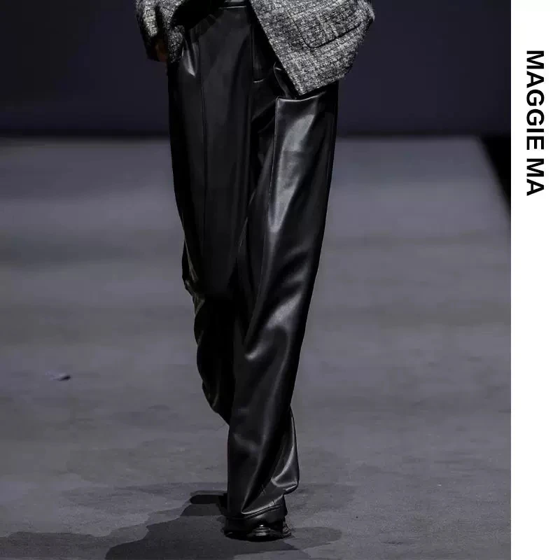 MAGGIE MA马婧设计师款机车风酷飒复古PU皮阔腿长裤752P