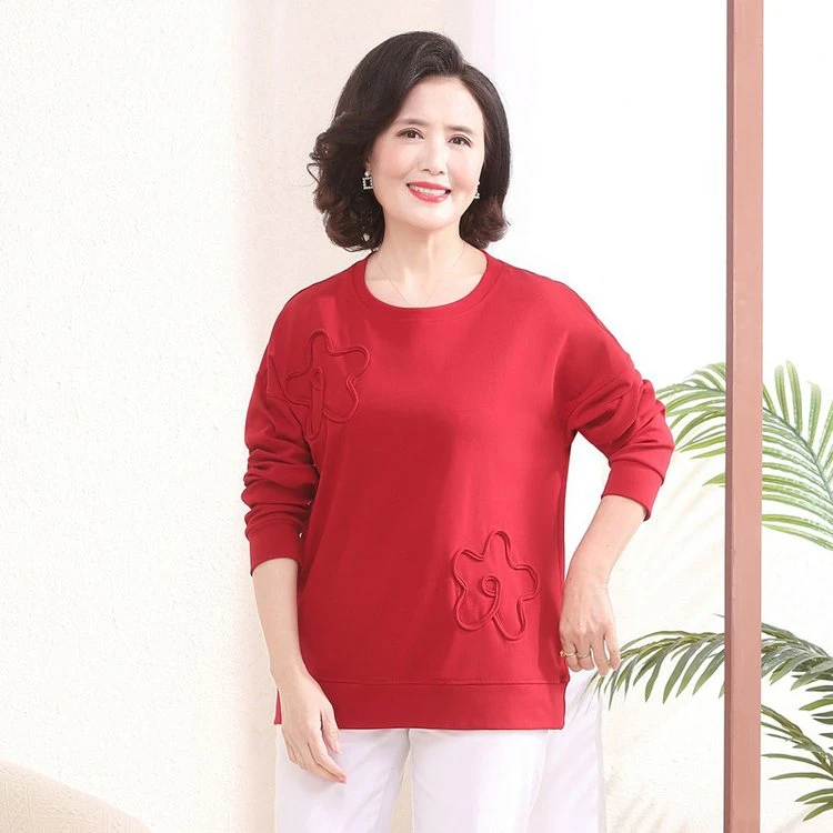 中年妈妈秋冬款长袖卫衣大码女装遮肚子时尚上衣妈妈装老年人老人