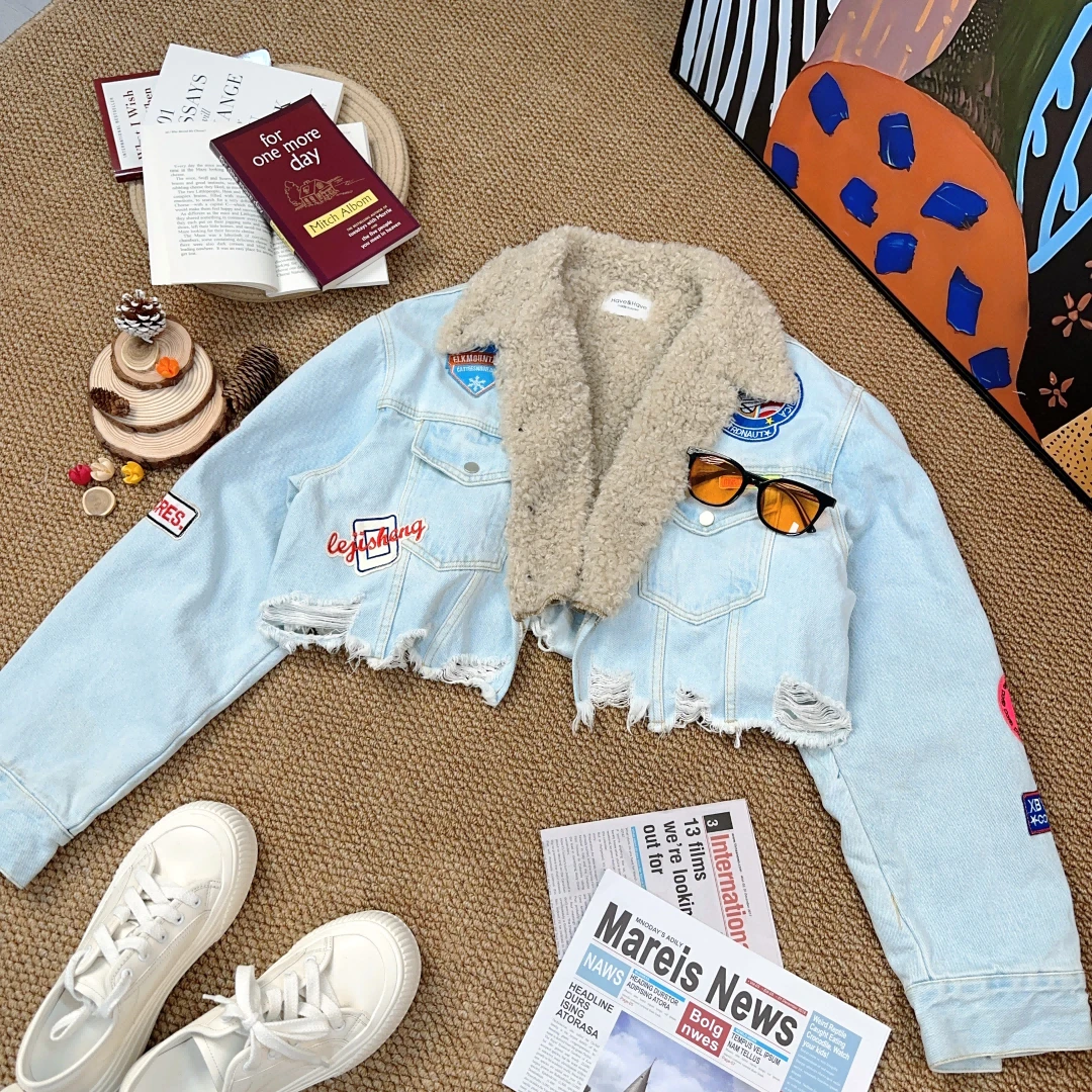 2024年秋冬新款时尚百搭加绒加厚牛仔长袖厚外套7667