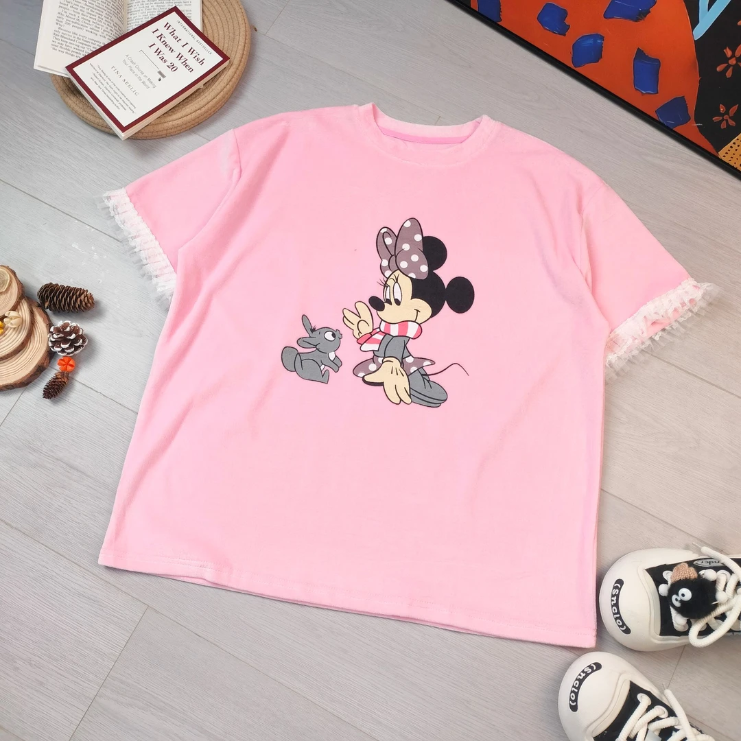 2024秋季新款宽松百搭时卡通印花拼蕾丝短袖T恤7363