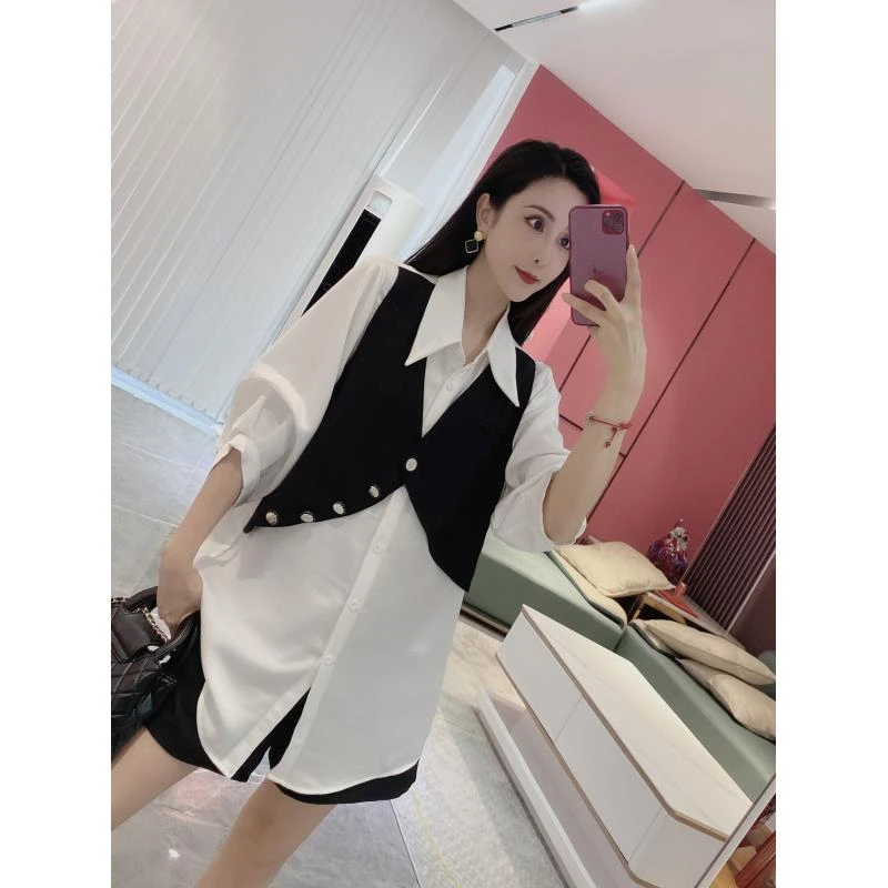 Y【模式穿搭】假两件斜排扣衬衫+短裤两件套1941
