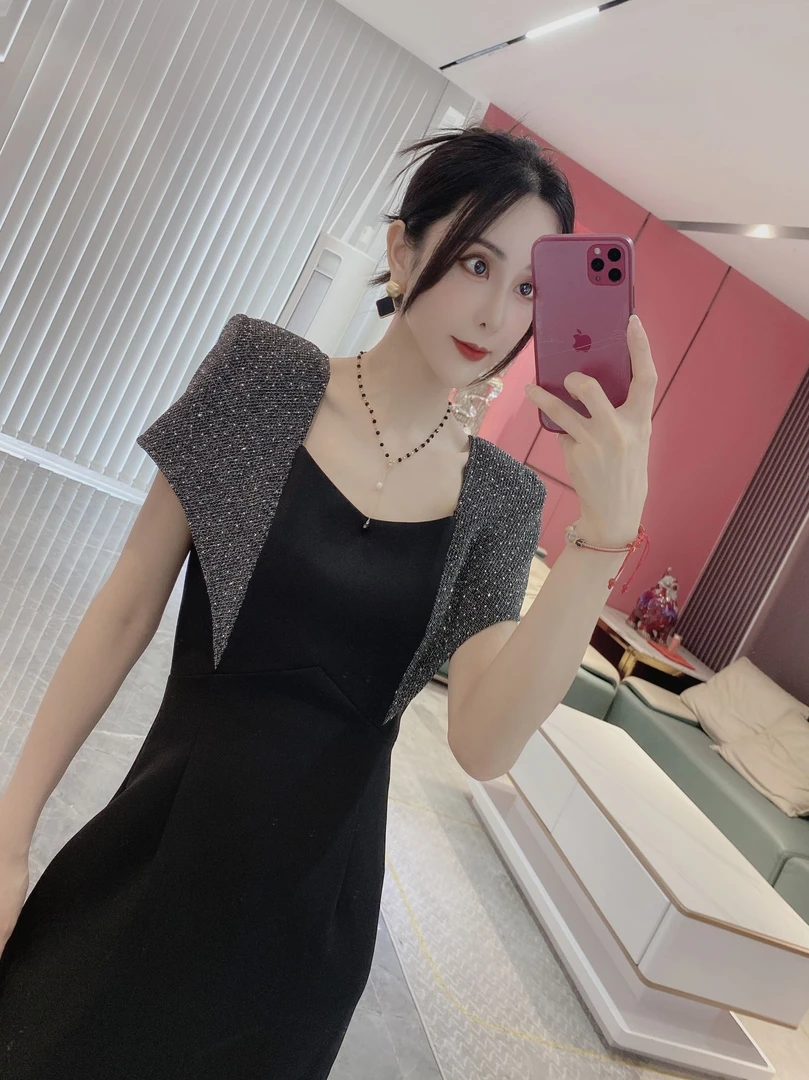 Y【璀璨星辰】长款轻奢小众设计烫钻拼色连衣裙82295