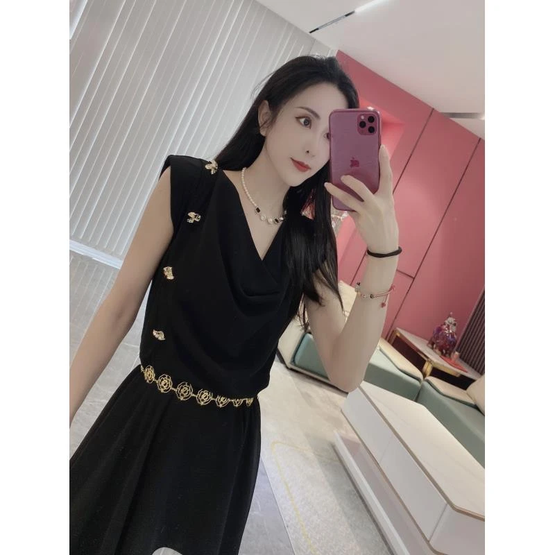 Y【气质非凡】堆堆领腰链百褶拼色连衣裙（YL63）6661