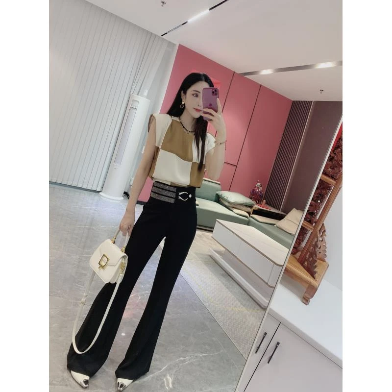 Y【橦颜推荐】三条钻链金属扣休闲微喇裤9993-1