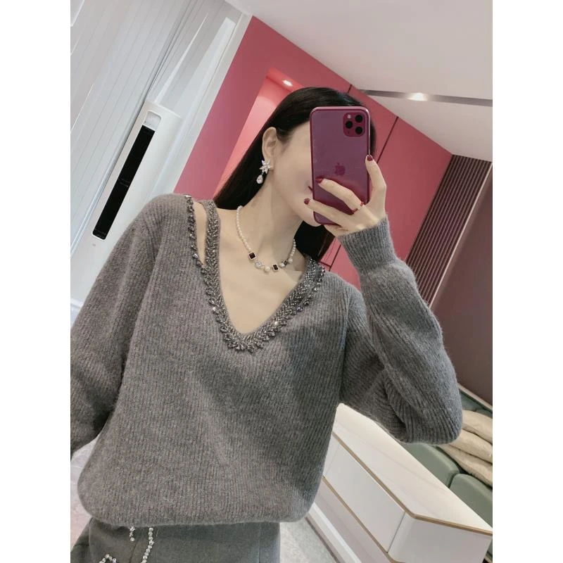 Y【钉珠毛衣】V领烫钻百搭毛衣5508