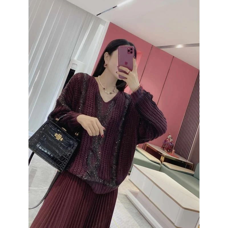Y【橦颜推荐】慵懒风麻花扎染烫钻V领毛衣7519