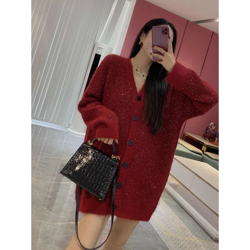 Y【小星星】无感珠片慵懒风宽松排扣V领毛衣1125