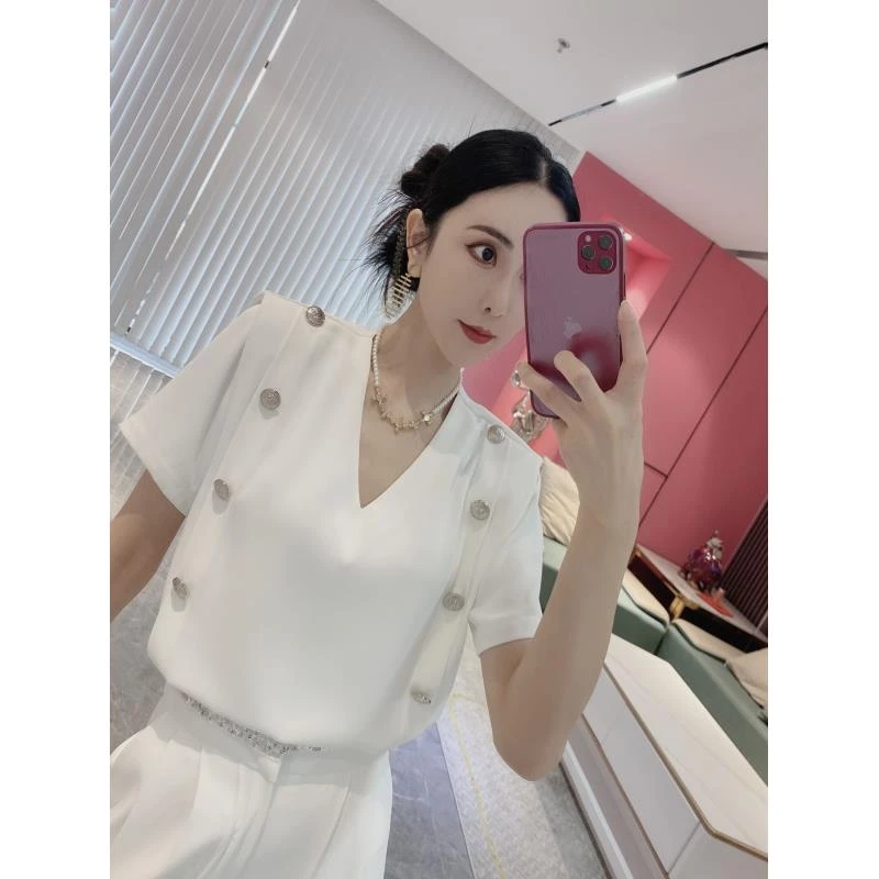 Y【玉貌花容】双排扣V领气质小众上衣5605