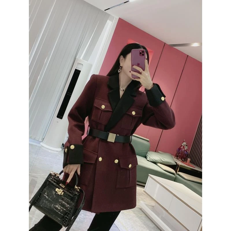 C【秋冬配色】拼色领工装口袋毛呢西装外套（YD101）32518