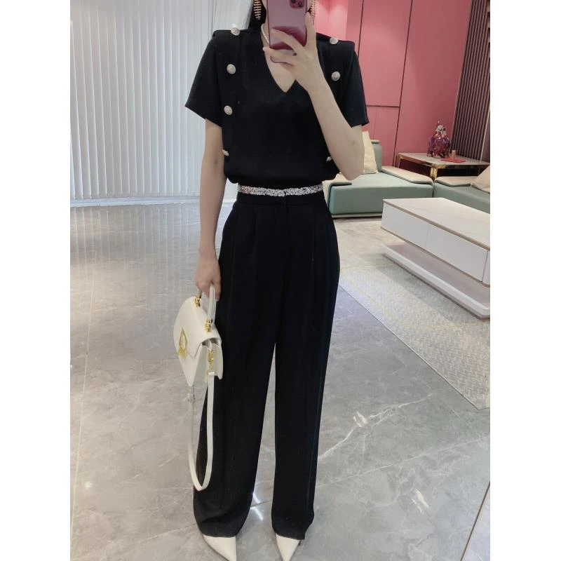 【亮片A腰】亮片设计腰直筒阔腿裤2923