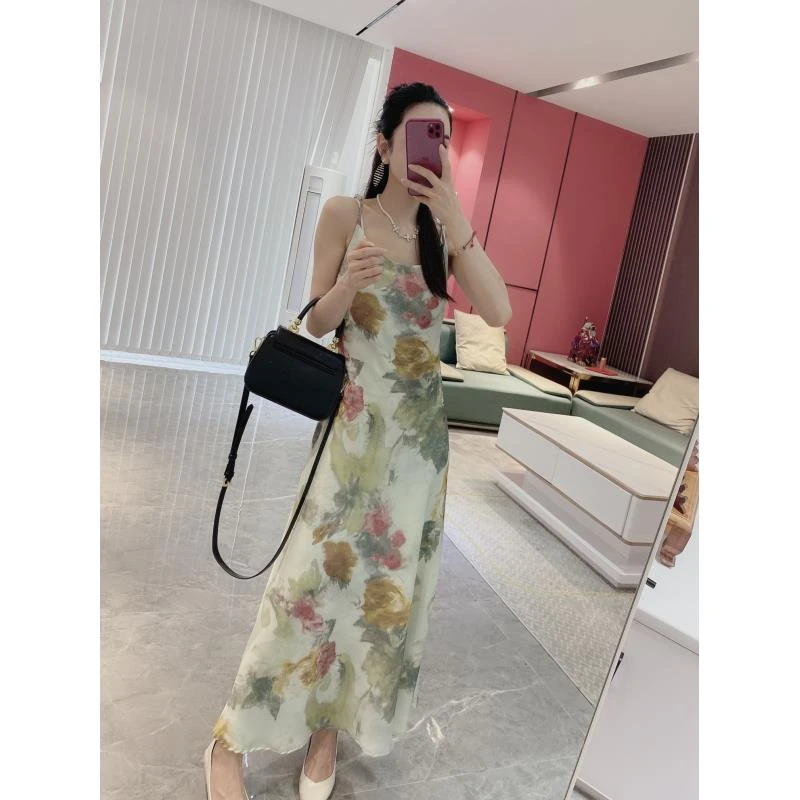 Q【青色烟雨】晕染水墨画吊带连衣裙3512