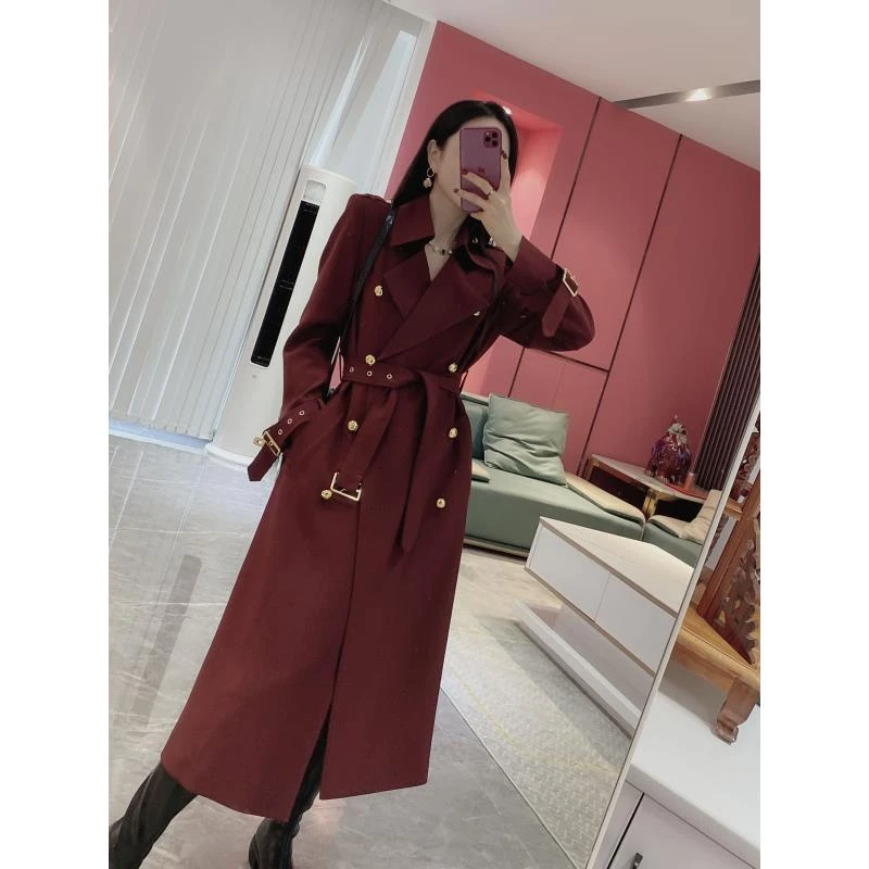 Y【定制长款】长款双排扣系带网红百搭风衣外套6953