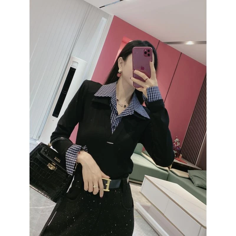 Y【减龄小衫】磨毛绒叠领气质显瘦百搭上衣6832