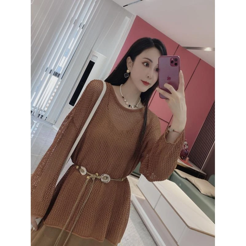 Q【罗马假日】腰带休闲镂空针织衫+吊带裙两件套（YD112）6626